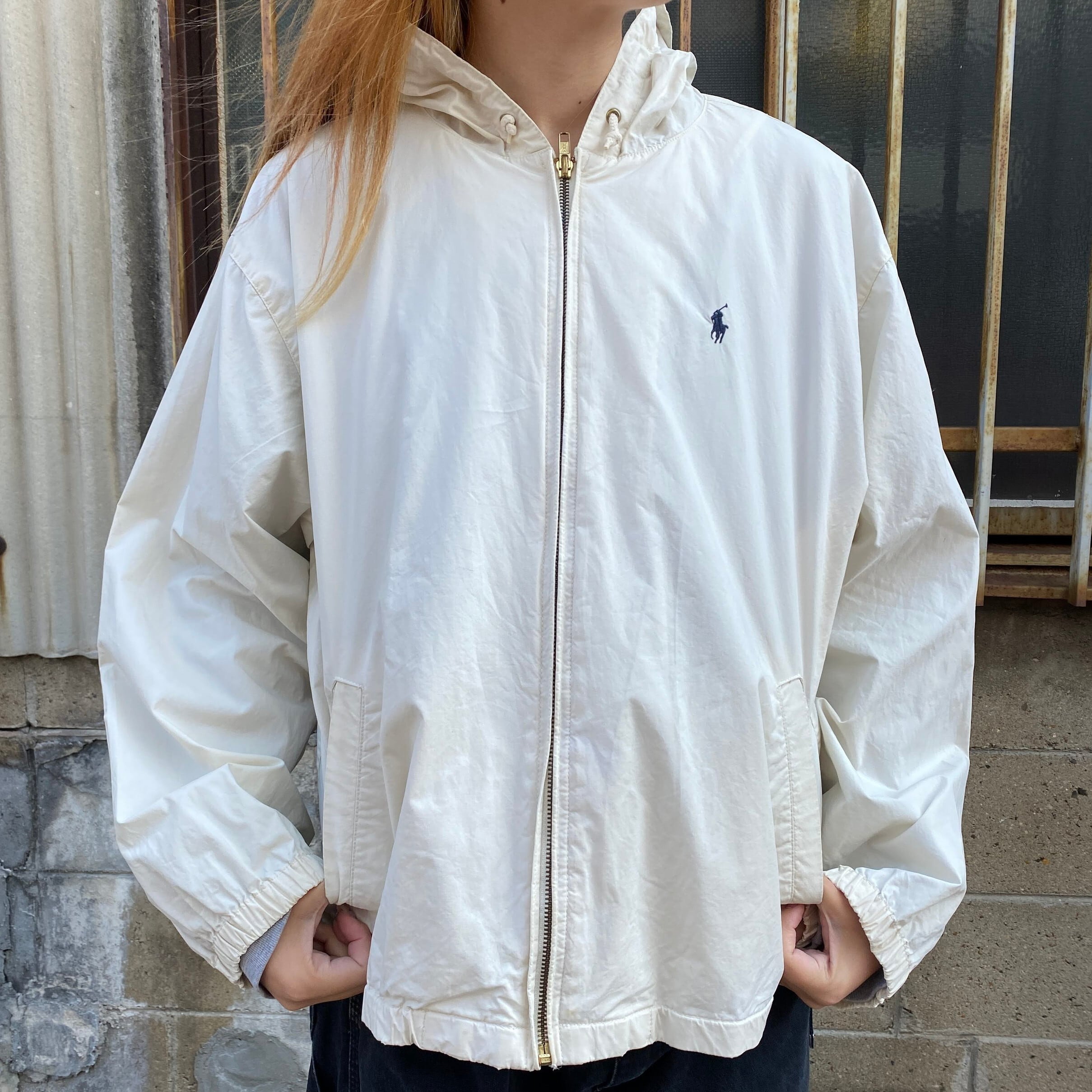 90年代 Ralph Lauren ラルフローレン ポロスポ コットンパーカー メンズL 古着 ワンポイントロゴ刺? POLO SPORT 90s  ヴィンテージ ビンテージ ホワイト 白 フーディー フルジップ【コットンジャケット】【CS2301-30】【3anniv】 | cave