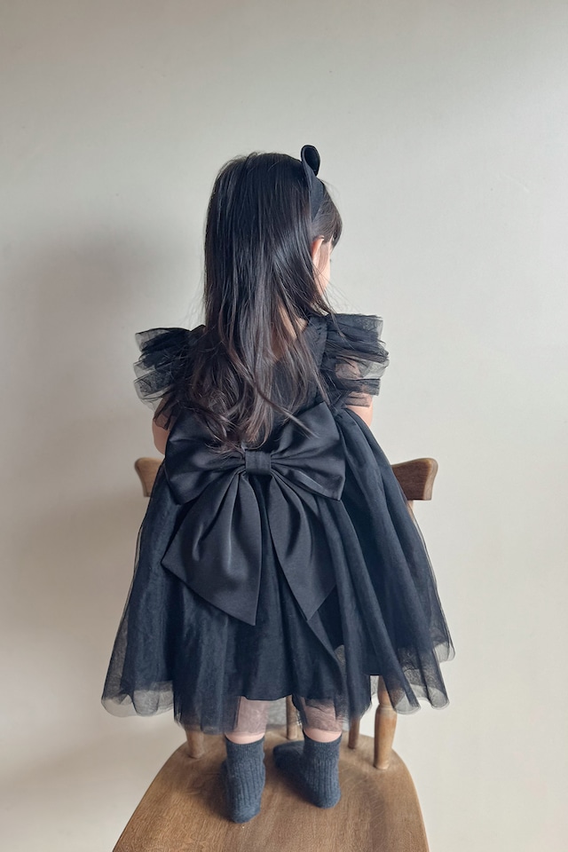 【今だけ‼︎モニター価格】黒猫ヘアバンド付SET ❤︎ back ribbon tulle dress〈Black〉
