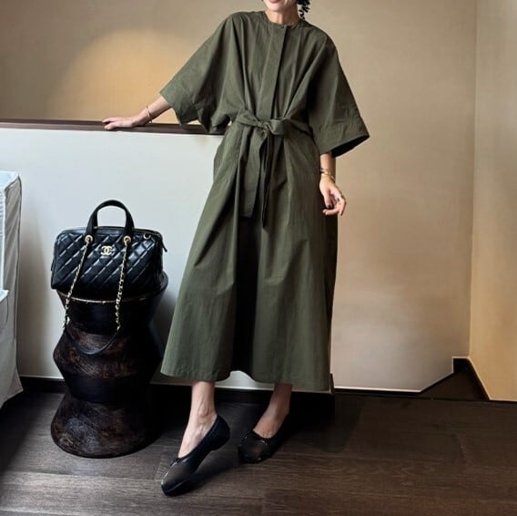 リボンベルト付きグリーンAラインワンピース W01352 | harmonique