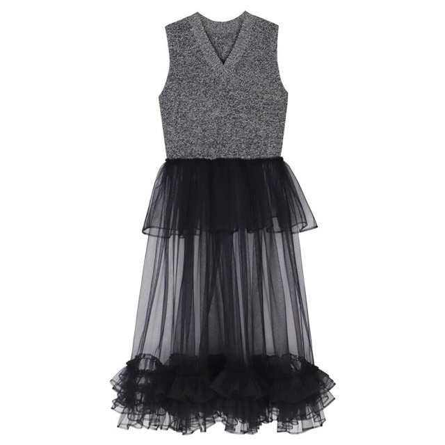 Long tulle layered knit vest　B3910