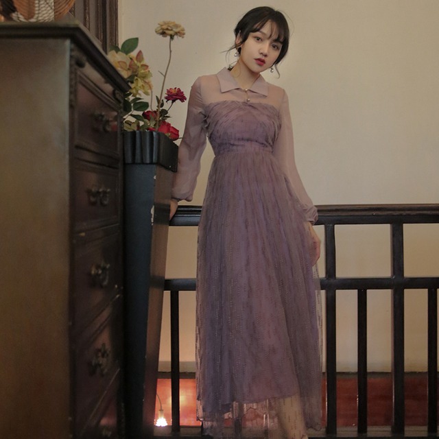 送料無料 パーティ ドレス ワンピース ロング エレガント 上品 パープル 襟 ハイウエスト バイオレット 紫 長袖 ブラウス フォーマル 結婚式 お呼ばれ 披露宴 2次会 代 30代 40代 Sarubia パーティードレス ワンピース専門店