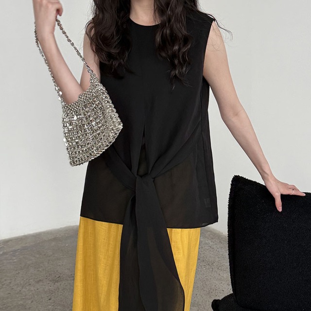 waist ribbon sleeveless blouse L0489