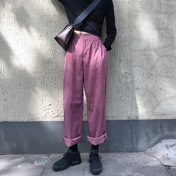 スプリングストレッチウェストルーズコーデュロイパンツ ハイウェストソリッド カラーカジュアルレディース エラスティック 伸縮 春物 ソリッドカラー モンロー6510692