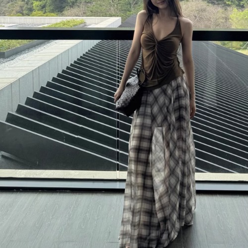 チェック柄シアーロングスカート ・10525