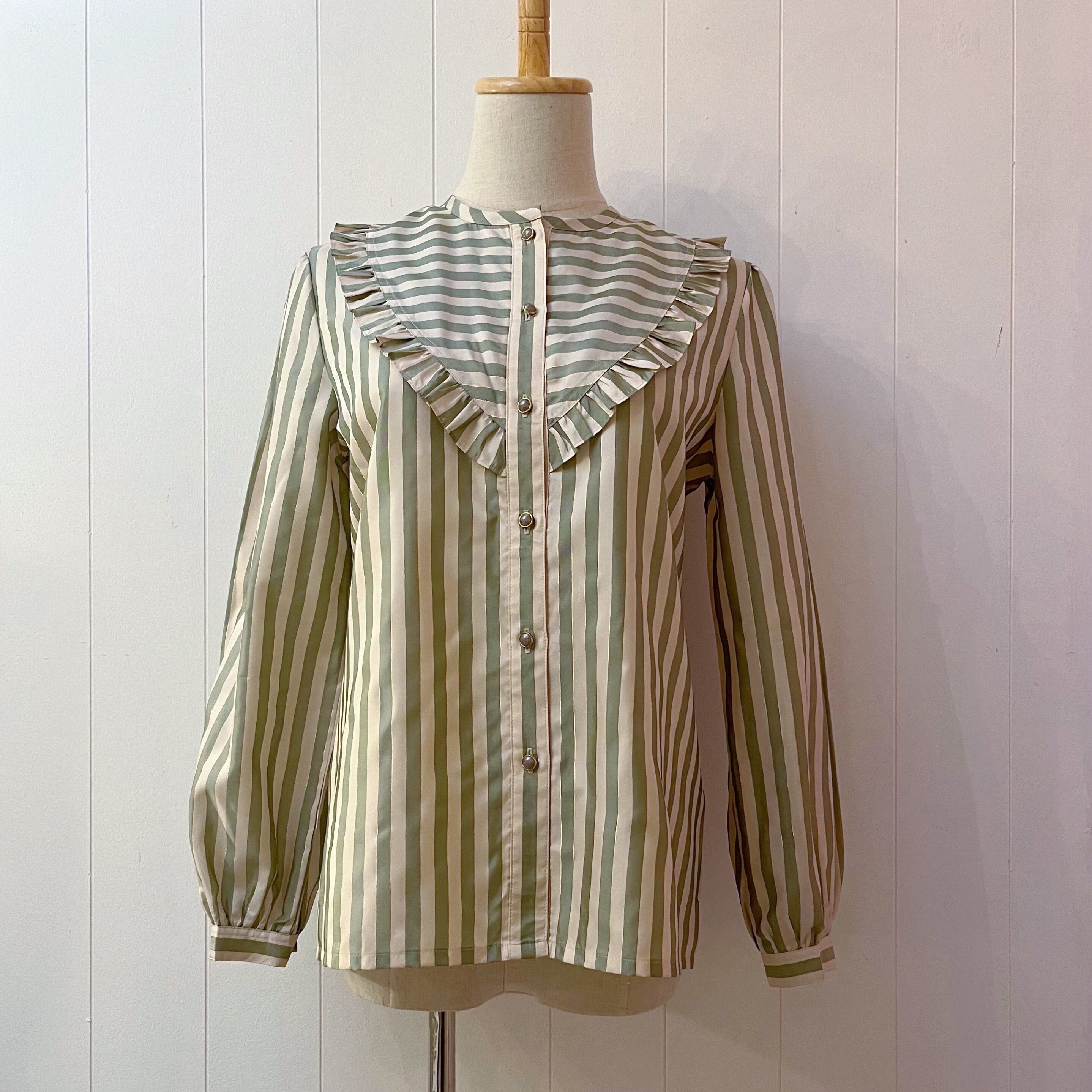 melon gold line stripe frill blouse