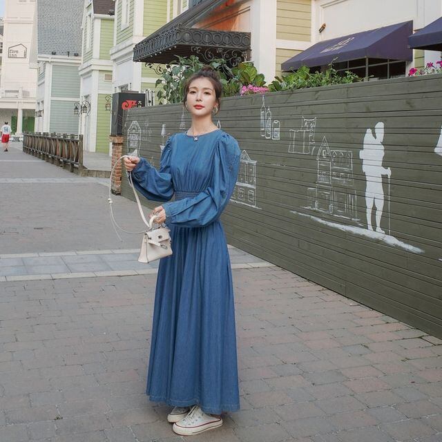 予約販売】デニムワンピース レディース ロング丈 パフスリーブ 予約販売】デニムワンピース レディース ロング丈 パフスリーブ