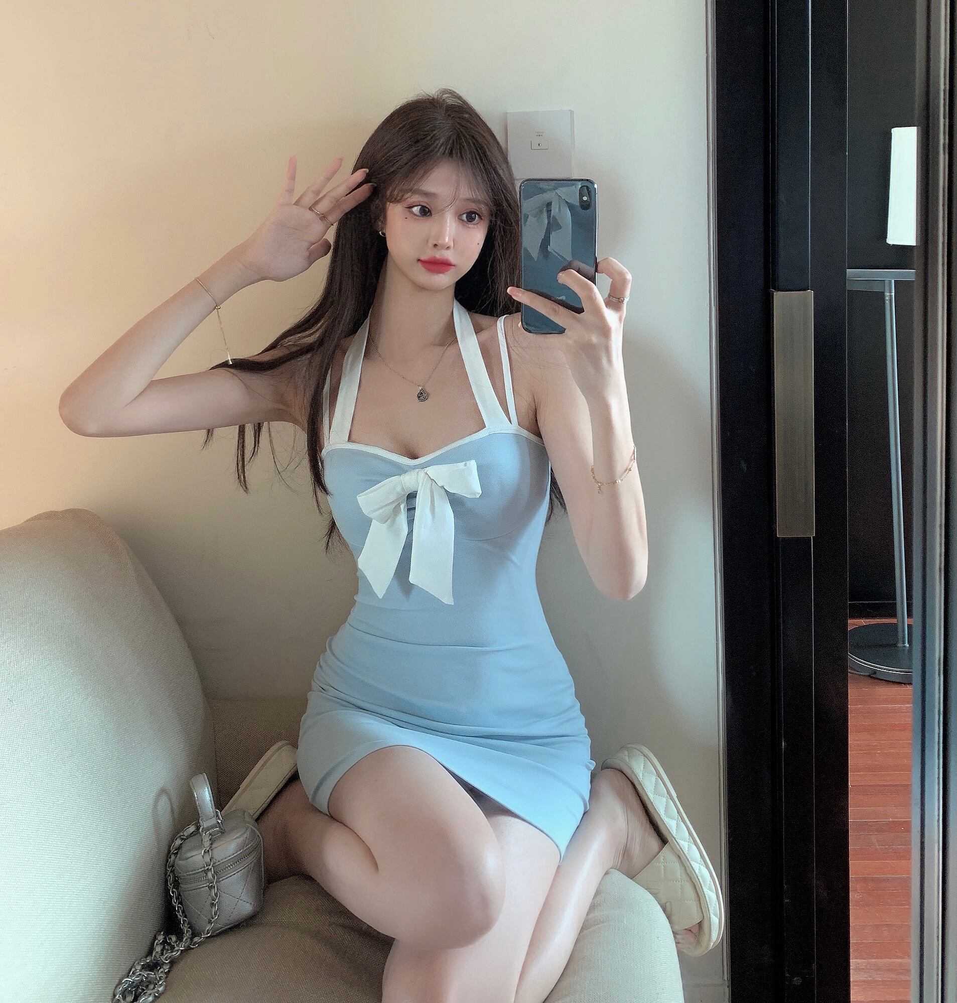 ドレス リボンウェストショートスカート サマーブルーホルター 夏物 ピュア ブラックストロベリース64138442152