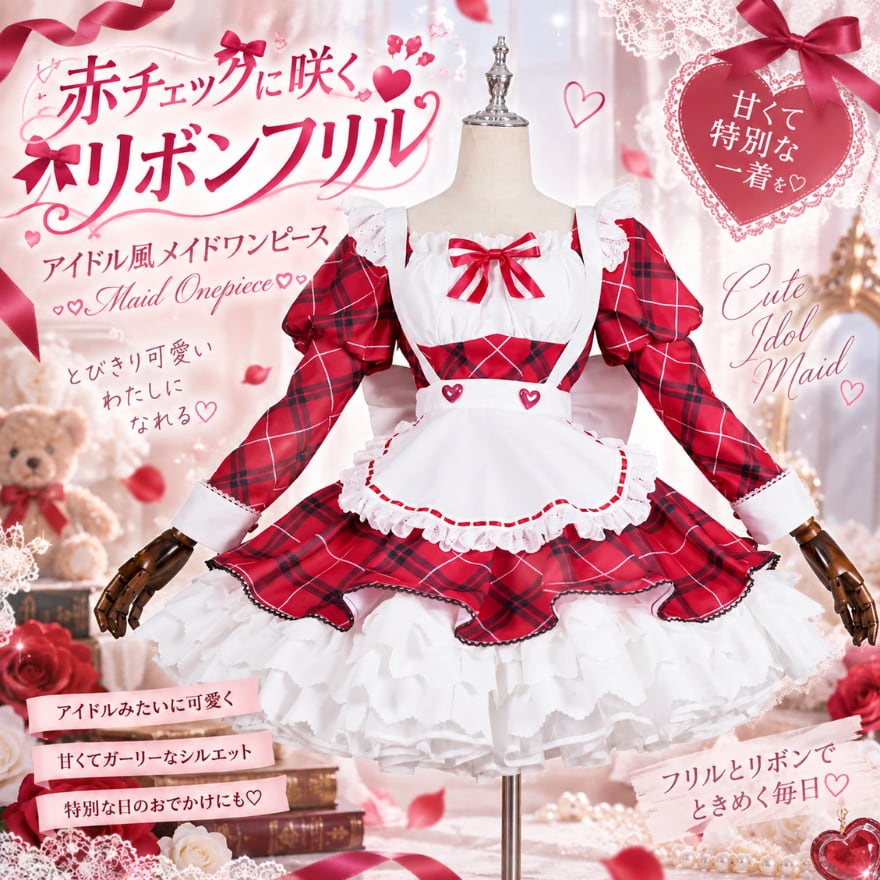 苺色に弾む午後のお茶会 チェック柄大型リボン甘ロリ系メイド服セット