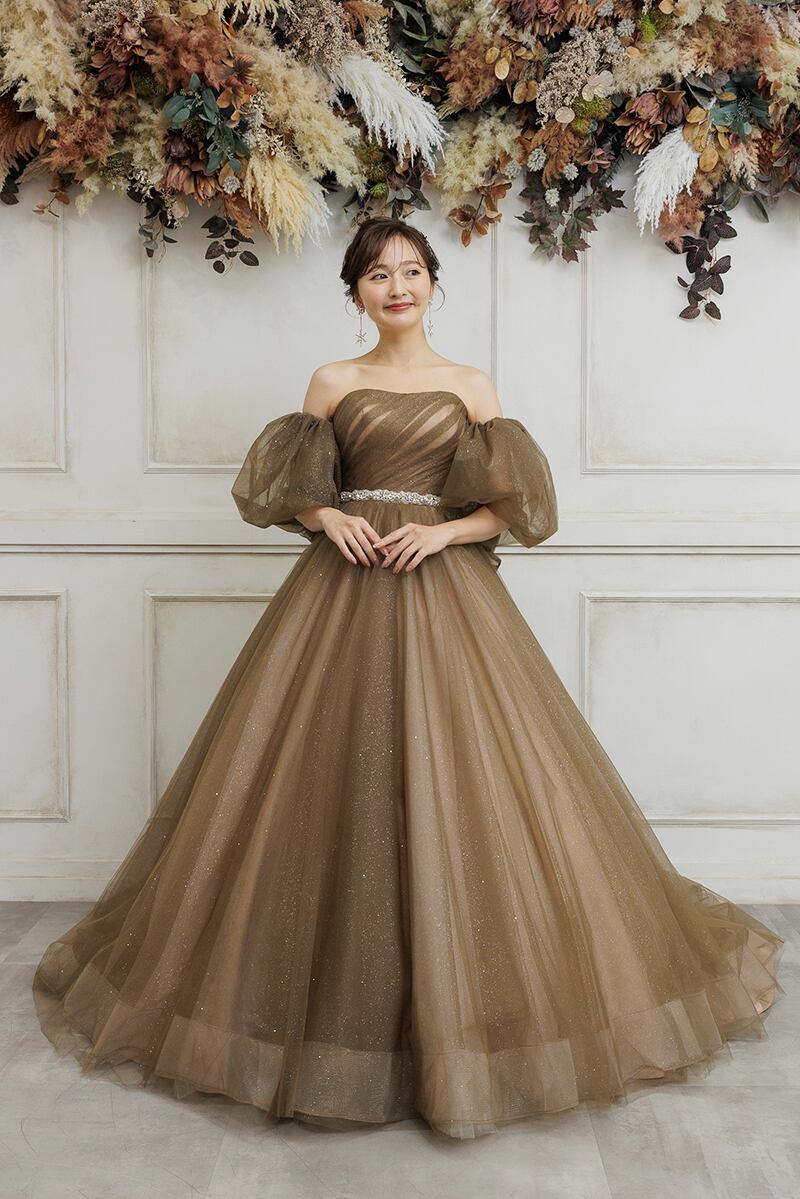 カラードレス 取り外し袖 カーキ色 グリーン ふっくら柔らかなバック  