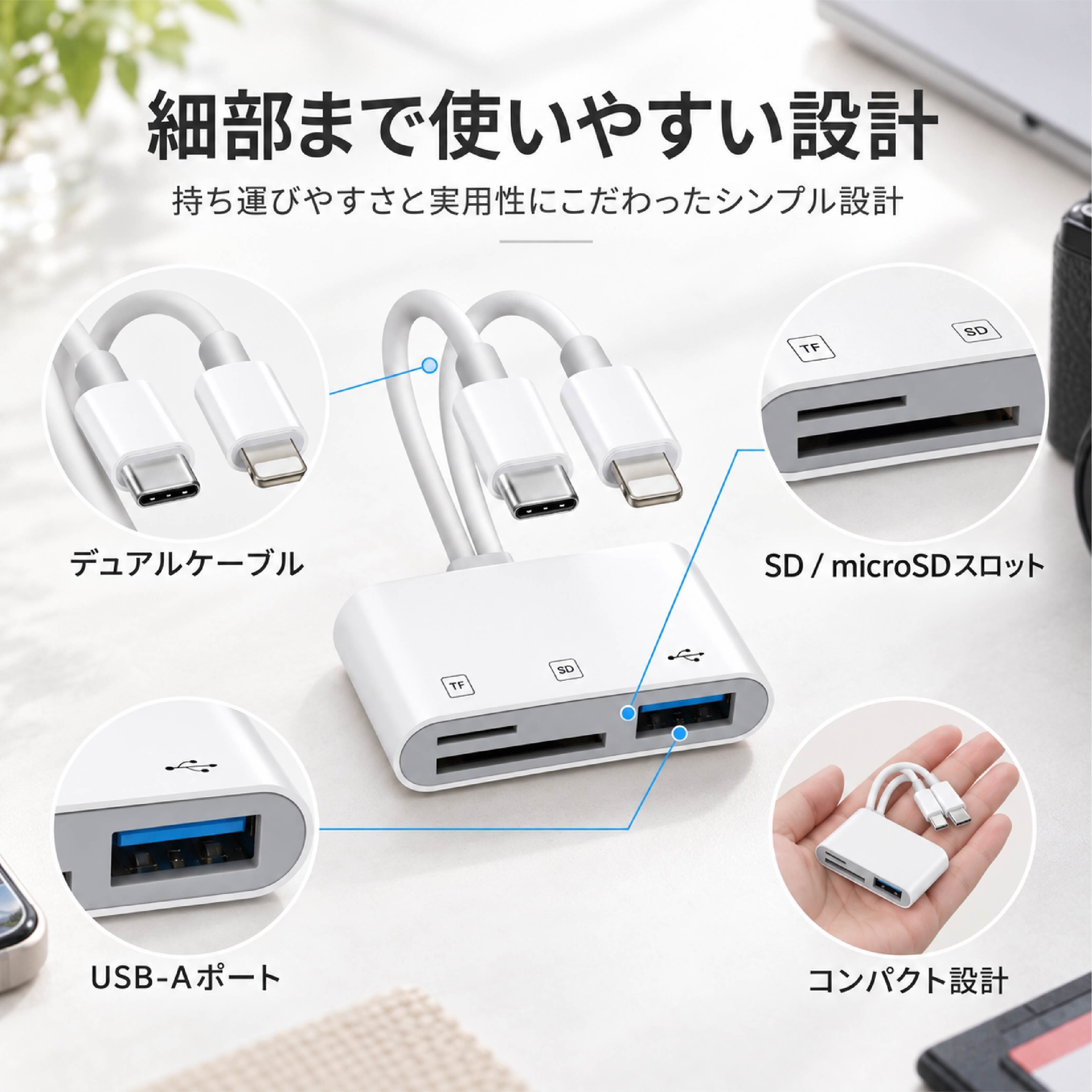 ワンダーリンク　WunderLINQ (iPhone) USBポート付き HY 1085 . 3in1カードリーダー SD microSD USB対応 iPhone iPad