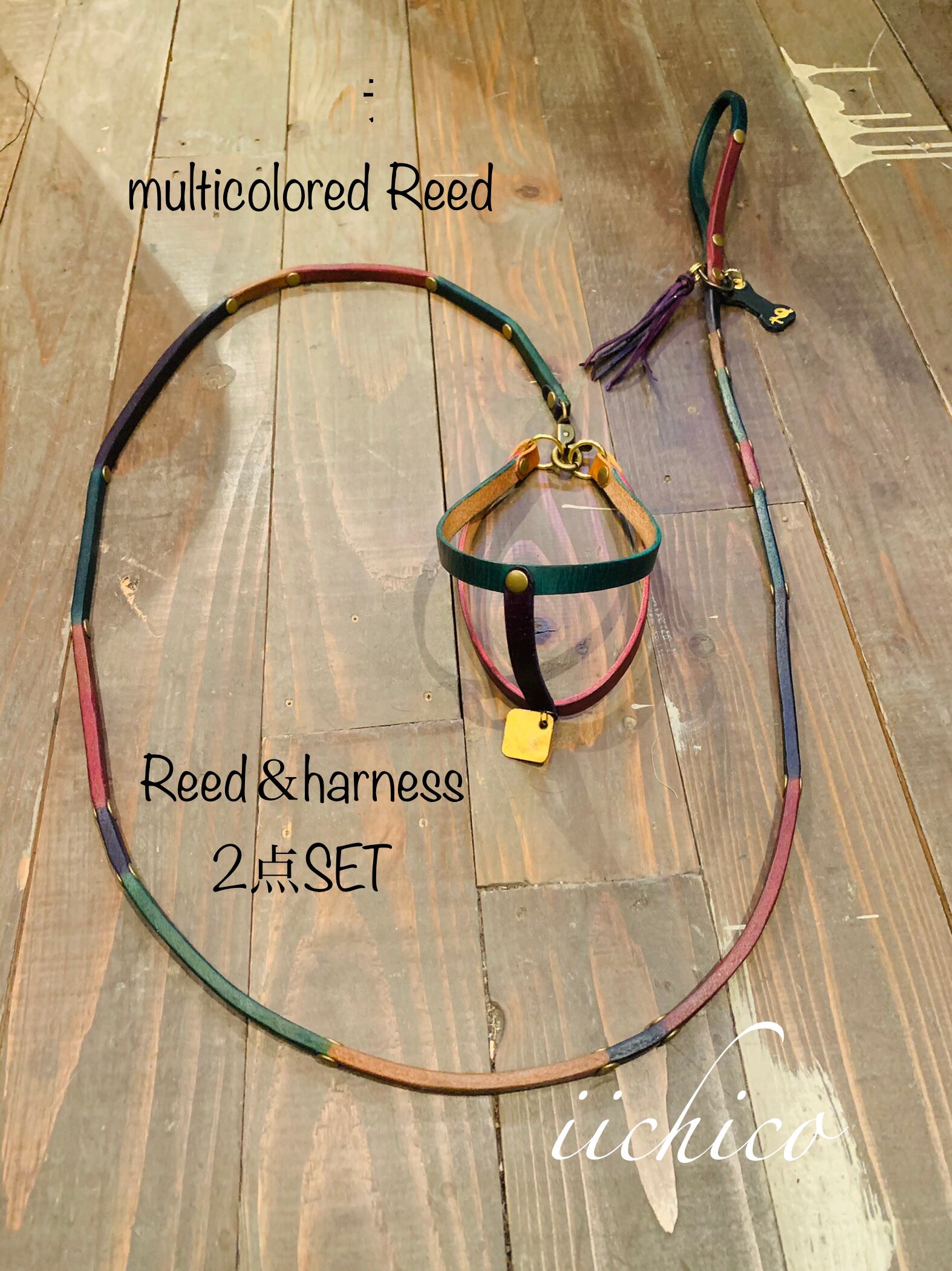 犬用リード＆ハーネス2点セットBlack革orange系マルチドット