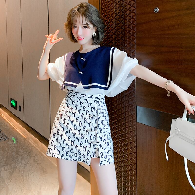 ルーズソリッド カラーシャツ ニットプリントスカート スプリングサマー 春物 夏物 ソリッドカラー ステッチ MIUCO24980605779