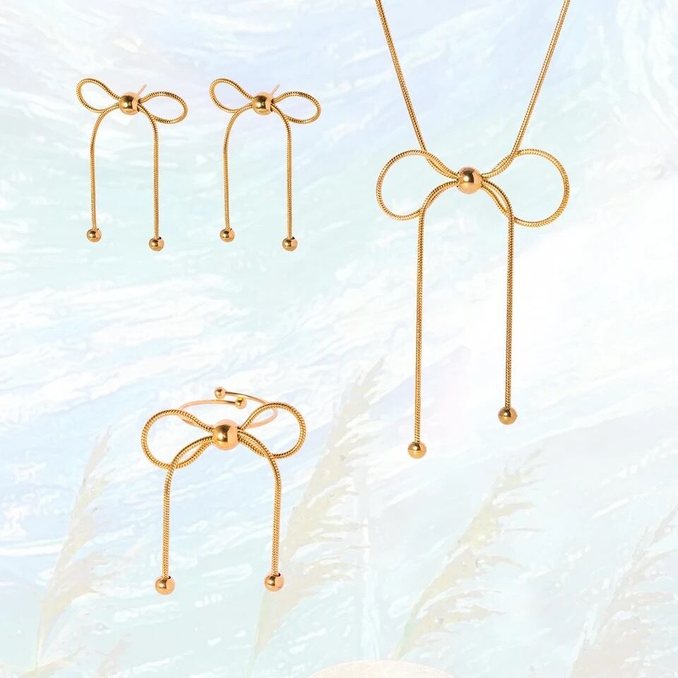 金アレ対応 18k リボンネックレス、リング、ピアス (0577)