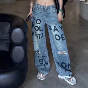 Letter Print Damage Jeans 501179