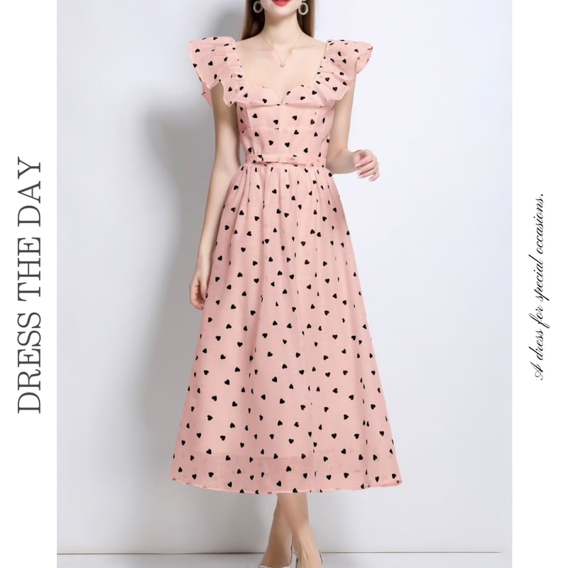 ハート柄ドットフリルVネックドレス3色展開 D0071