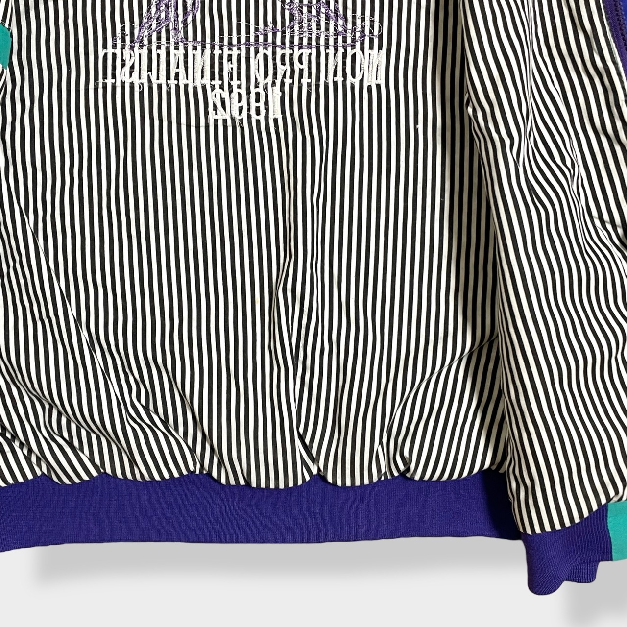 【wiman】 90s ブルゾン ジャケット ジャンパー フルジップ スナップ 刺繍 バックロゴ ストライプ ワンポイントロゴ エメラルドグリーン 切替 US古着