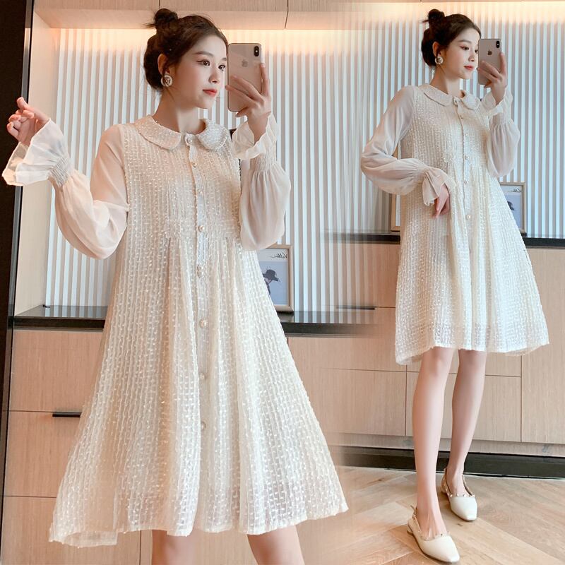 【新作】【送料無料】 9396＃授乳マタニティルーズスタイリッシュターンダウンカラーミッドロングドレス妊婦妊娠中の授乳ドレス AL expec377396535052