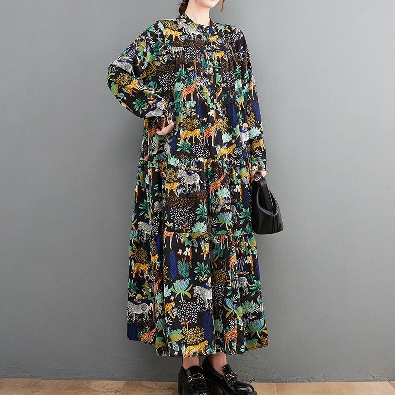 PRINT SHIRT COLLAR LONG SLEEVE MIDI DRESS M-18346