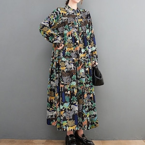 PRINT SHIRT COLLAR LONG SLEEVE MIDI DRESS M-18346
