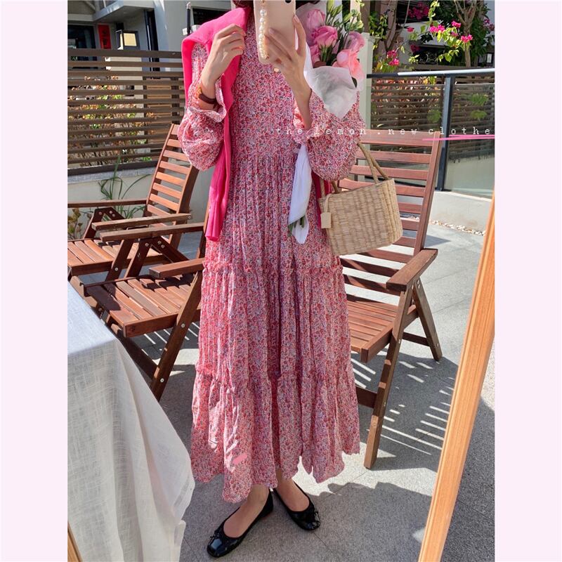 フローラルプリーツルーズドレス レディーススプリング ロング レース 春物 花柄 スカート ビッグFスモールZ韓国49037231188