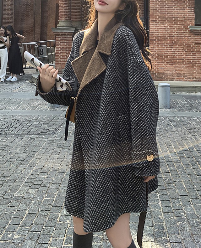 ヘリンボーンオーバーカラーウールコート A0647