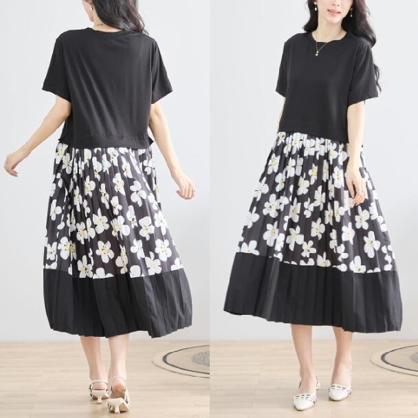 ワンピース 花柄プリーツ 切替 reve bleu C38-759 M～L ブラック