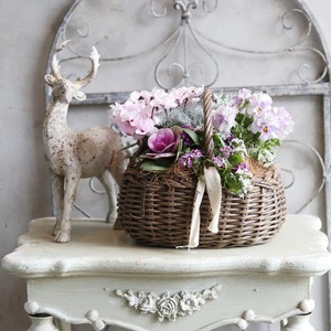 冬から春に楽しむ寄せ植え　ピンクの八重咲きシクラメンとビオラの春色のバスケットの寄せ植え　お正月にオススメ　届いてすぐ玄関に飾れる 　プレゼントにもオススメ　