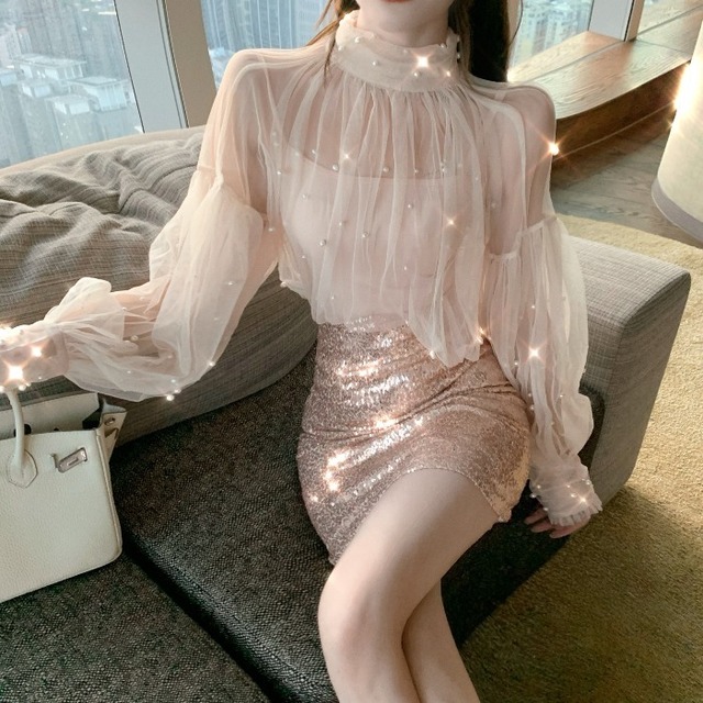 レースシャツ スリーブオータムスカート ロング ランタンスリーブ 秋物 ハンチェンe53858503750