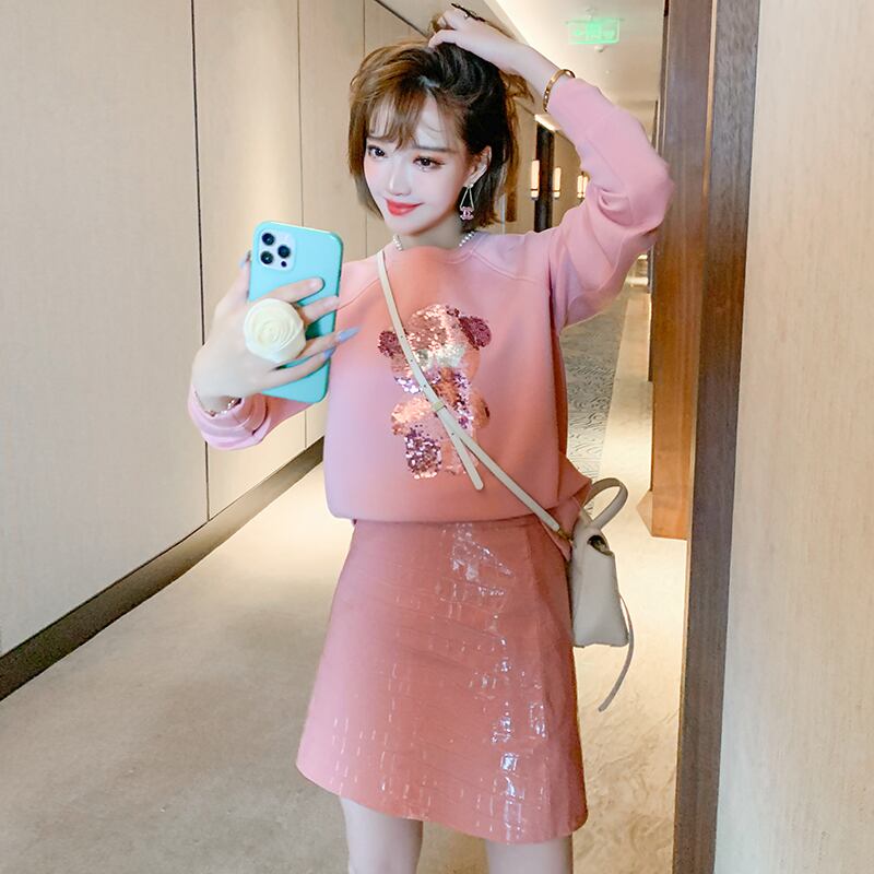 ラウンドネックセーター ハイウェストウェストレザースカート オータムスタイル 秋物 Oネック MIUCO26574823988