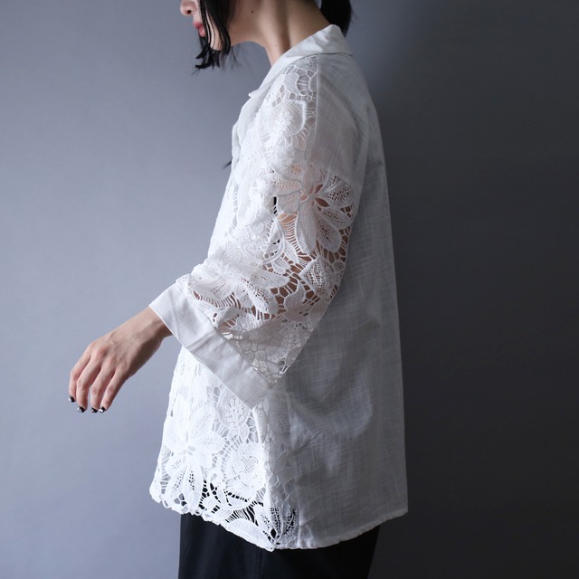 switching lace design over silhouette h/s shirt