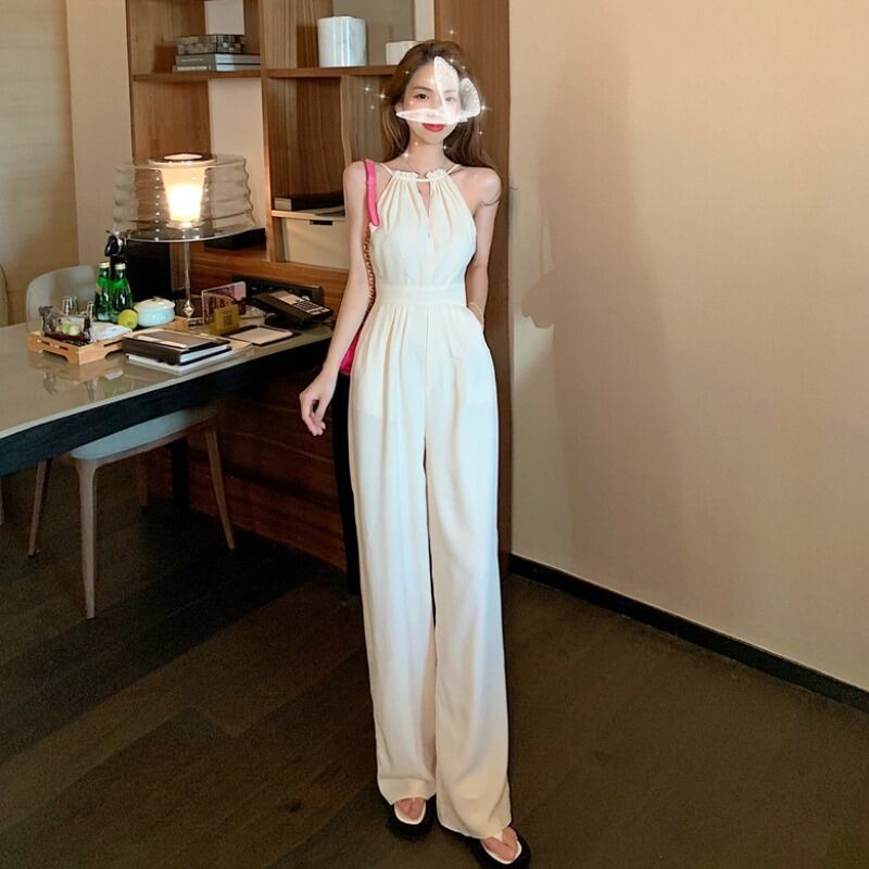 ホワイトジャンプスーツ オールインワン スプリングハイウェストウェストスリムルーズパンツ カジュアルロング 春物 YY-ファッション80763092937