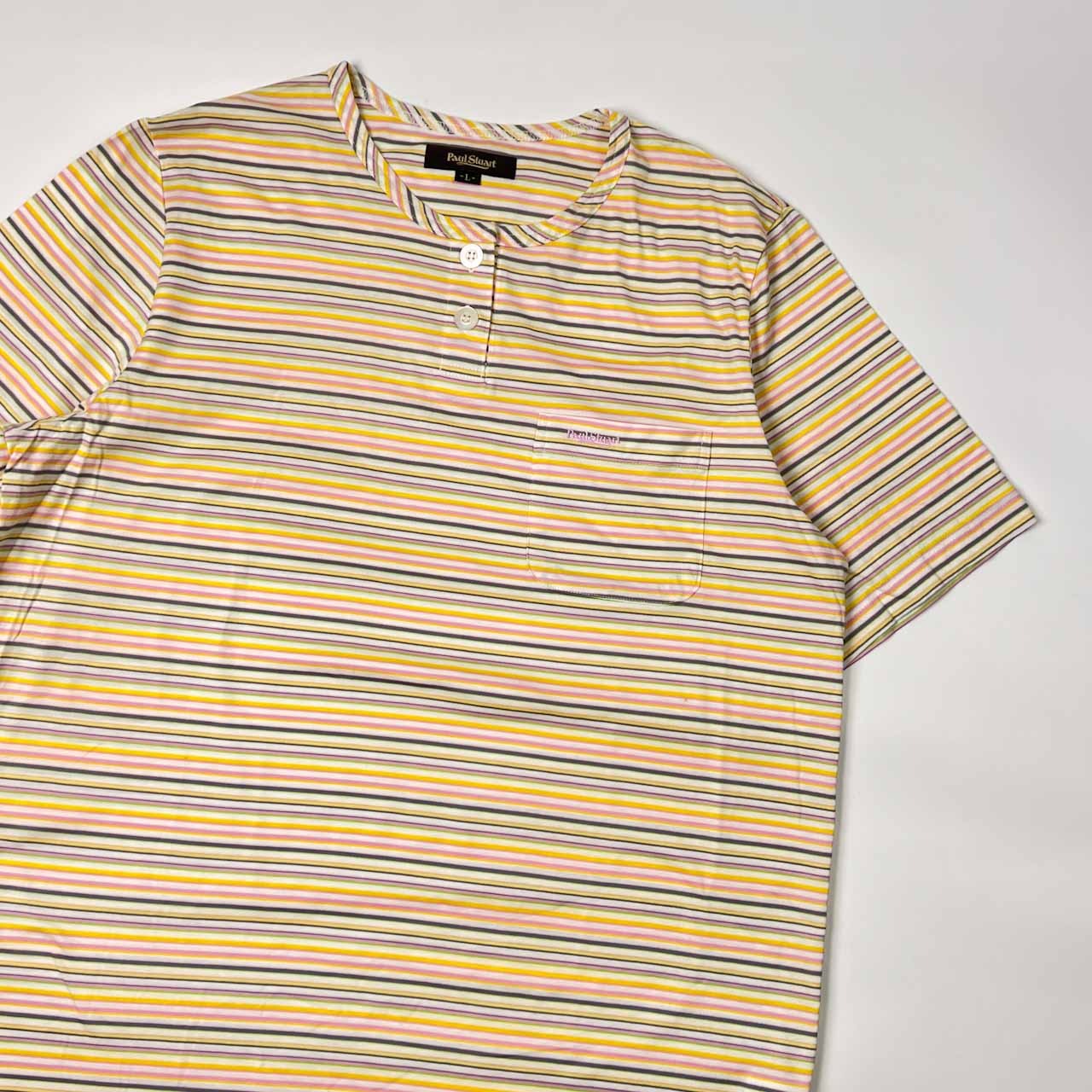 Paul Stuart ポールスチュアート ボーダー 半袖 ヘンリーネックシャツ L/マルチ レディース