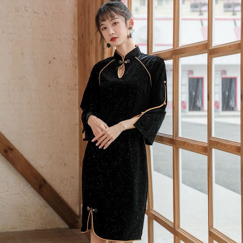 ベルベットチャイナドレス ショート丈 S M L LL パーティー 中華服
