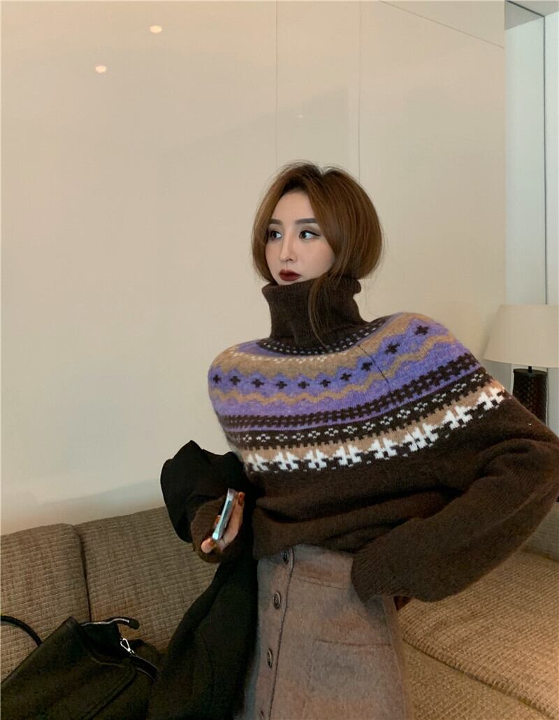 セーター スタンダードスタイルジャカードルーズニットコート スプリングトップス ロング レトロ 春物 ブラックストロベリース44162198701