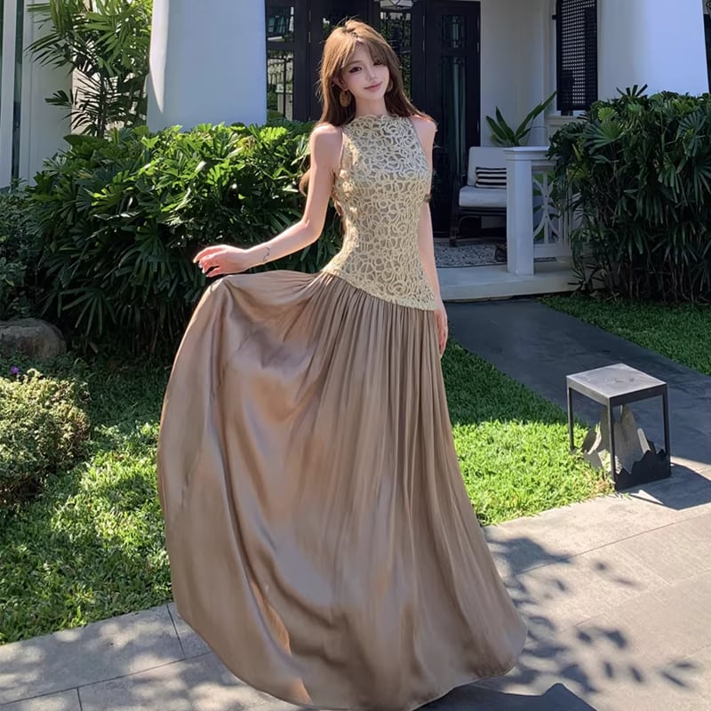 【dress】サテンドッキングノースリーブロングワンピース Q8045