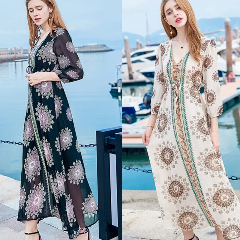 ウエストリボン付き民族柄ロングワンピース