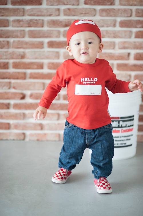 DRIBBLE "HELLO MY NAME IS" ロングスリーブTシャツ / RED