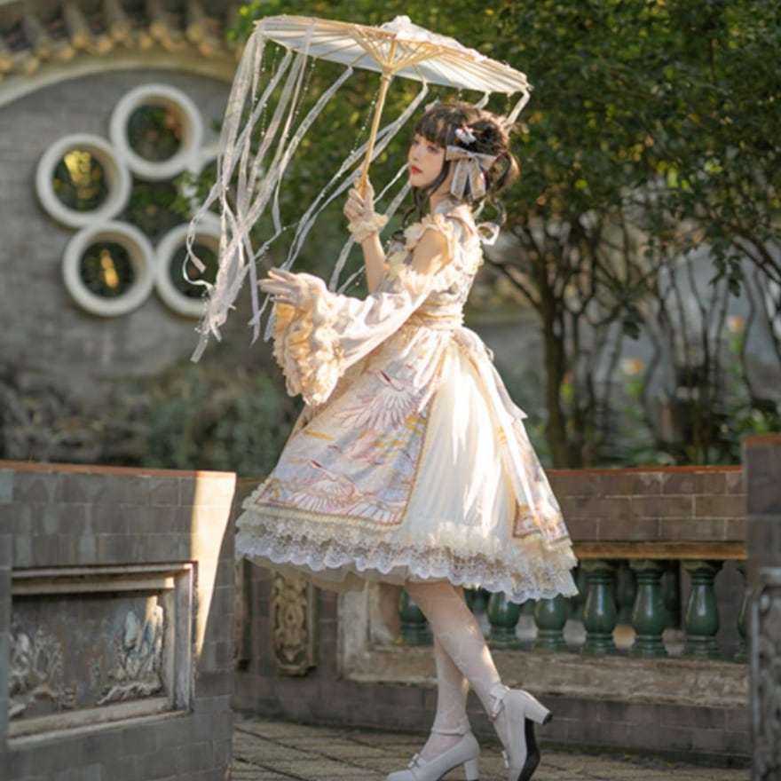 和ゴシック ドレス 鶴柄×姫袖×豪華フリル 赤×黒 中国風｜WithU