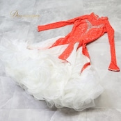 社交ダンス 衣装 スタンダードドレス ワンピース ドレス スタンダード フリル レース デモ 競技 ダンス パーティ 発表会 ボリューム 朱色 赤 白 ホワイト系 レッド系 オレンジ系 可愛い ダンス発表会 ドレスアップ 競技用衣装 女性用ドレス パーティードレス 高級感