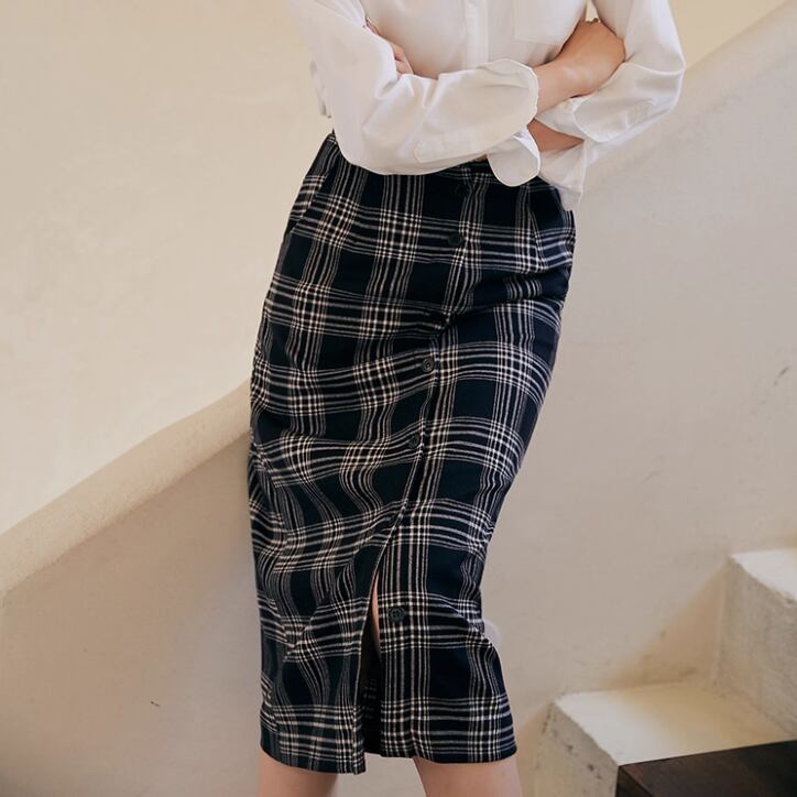 チェック柄 フロントボタンデザイン ミディ丈タイトスカート 00540