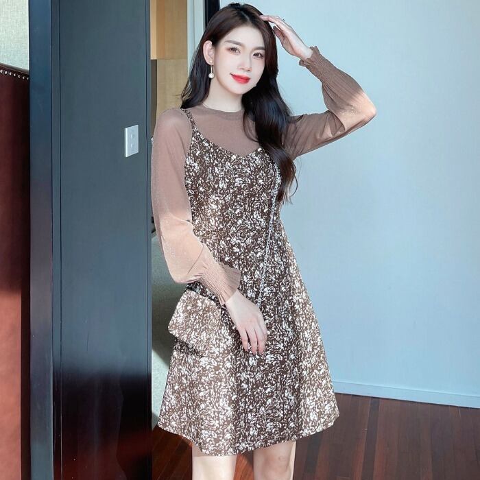 オータムウィンターウェストスリムフローラルスカート ドレス ロング 秋物 冬物 花柄 ハンチェンe30461653493