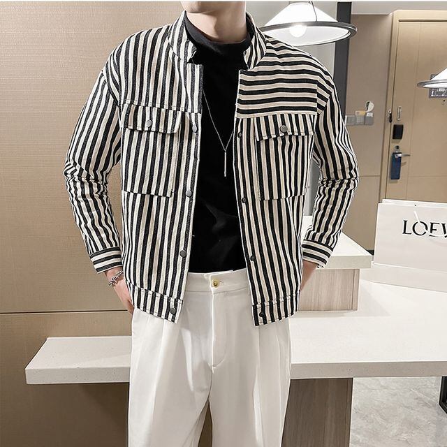 予約販売】ジャケット メンズ ストライプ柄 長袖 シャツ ブラック