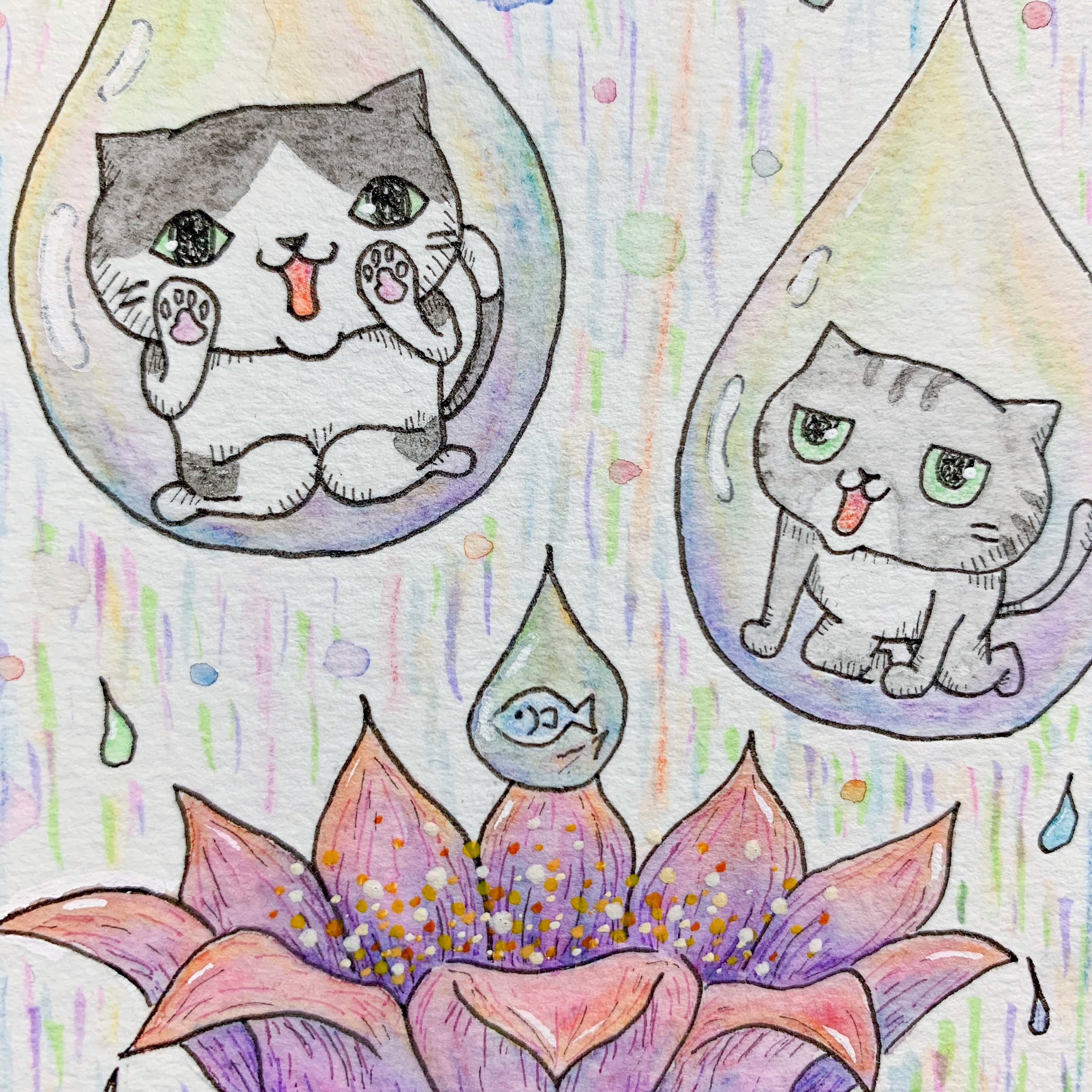 恵みの雨 原画 / 水玉 しずく 花 水彩 イラスト 猫 絵本風 | きのこ
