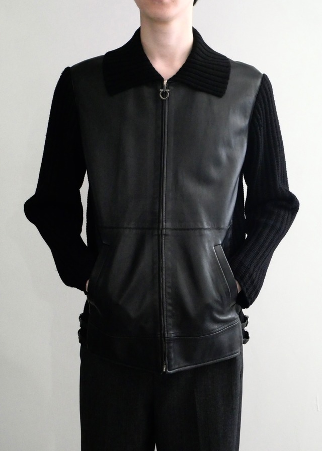 "Salvatore Ferragamo" nappa leather switching wool knit jacket