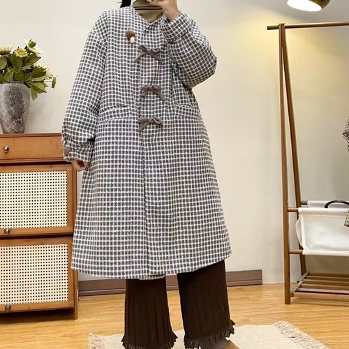 2色/3連リボンチェック柄ロングコート ・12513