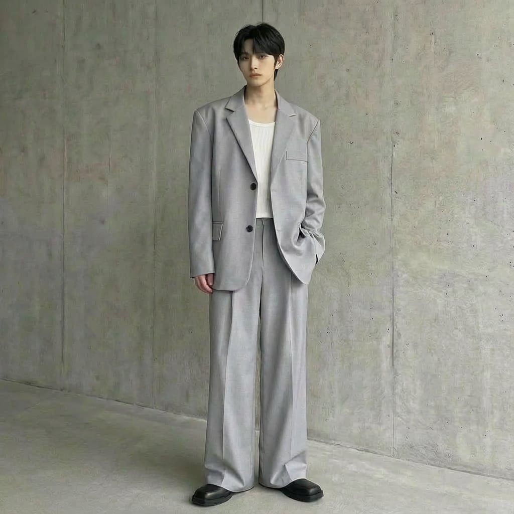 パッド入りショルダースーツジャケット&バギースタイルパンツセットアップ 3カラー D11862