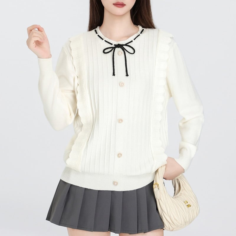 roune-neck chic cute ribbon knit cardigan m1328