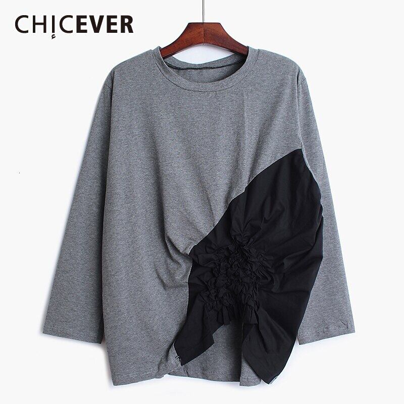 CHICEVERパッチワークレディースシャツOネック長袖オーバーサイズルーズシャーリング非対称ブラウス2020 ロング 6base593298412180