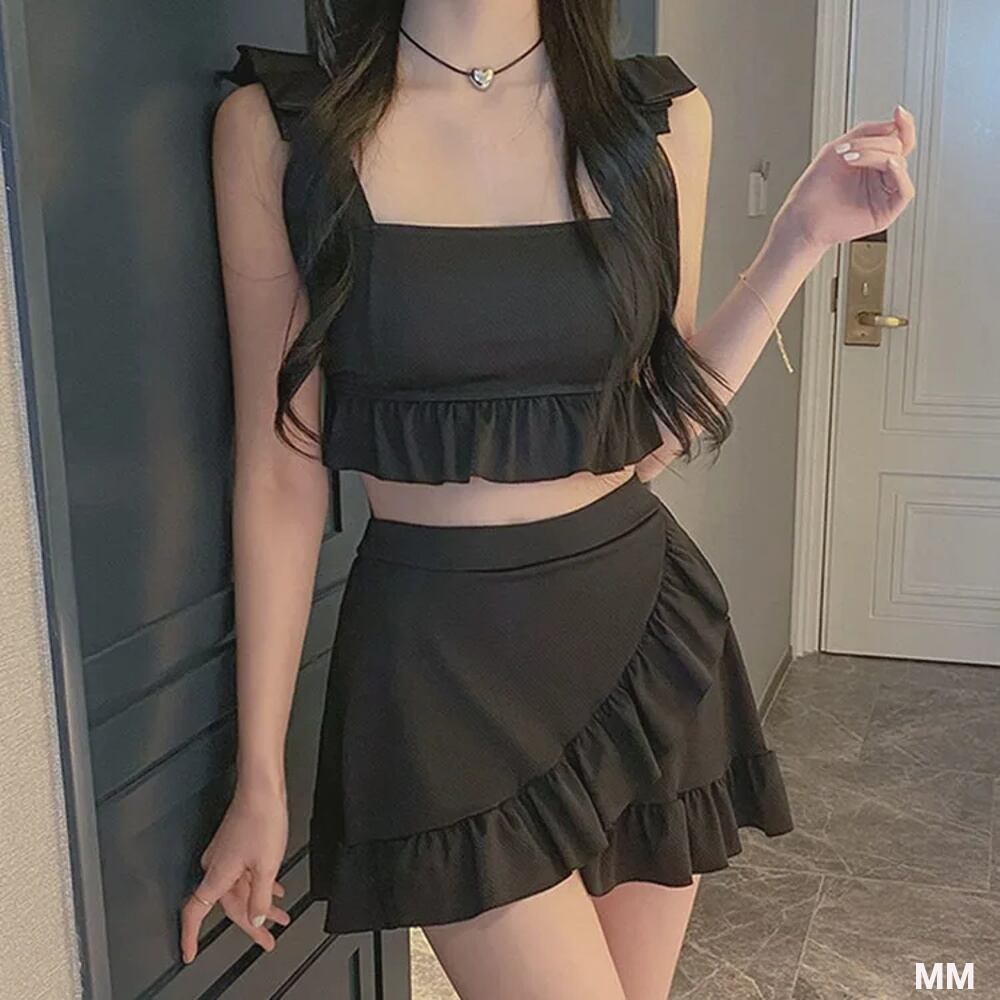 女性用ツーピースフリル水着,ハイウエストパンティー,水着,黒,ビーチ