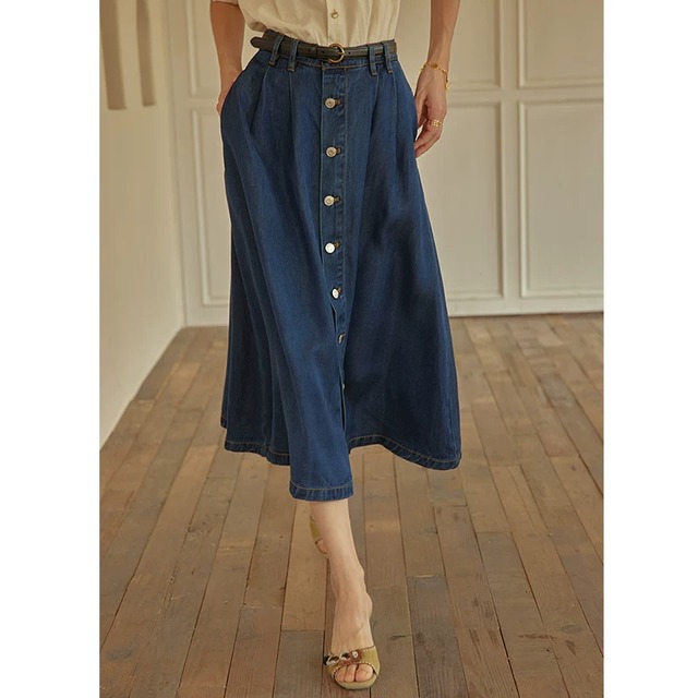 フロントボタンミモレ丈デニムスカート A00452